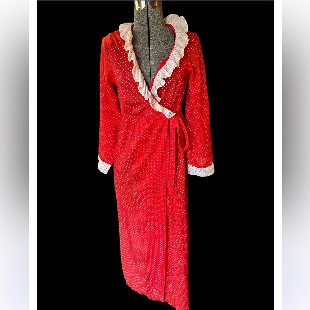 Red Polka Dot vintage  Robe with White ruffle Trim